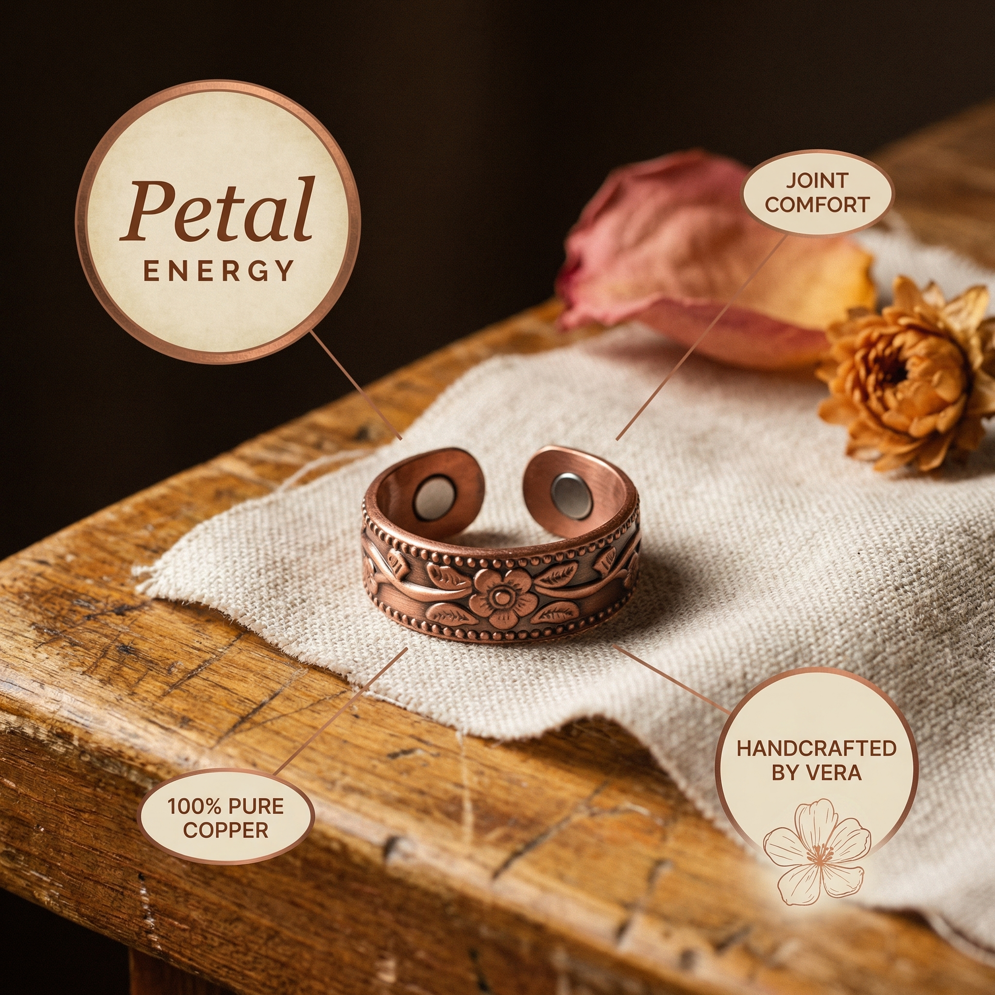 Anel de Cobre Petal de Rosa