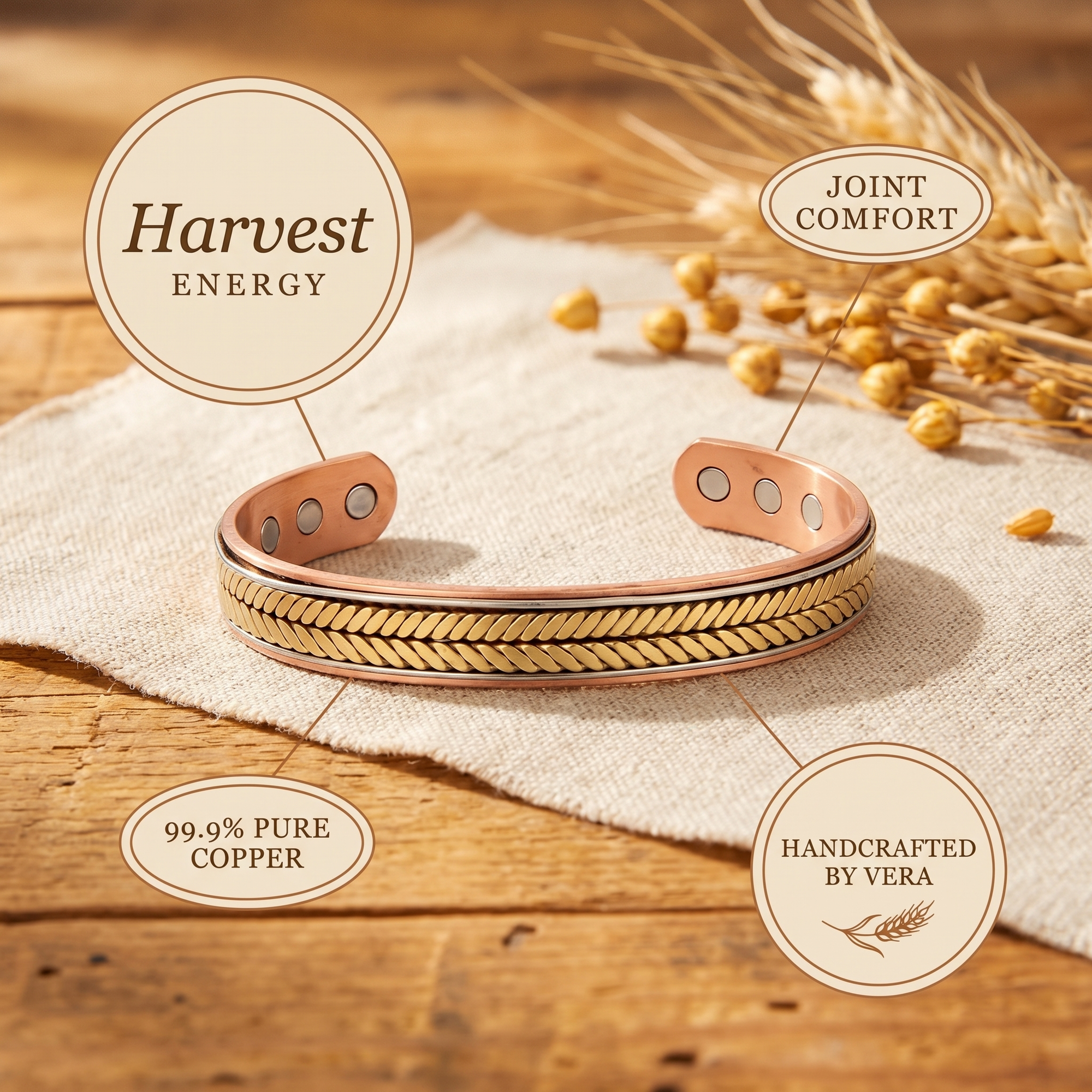 Bracelete de Cobre da Colheita da Rosa